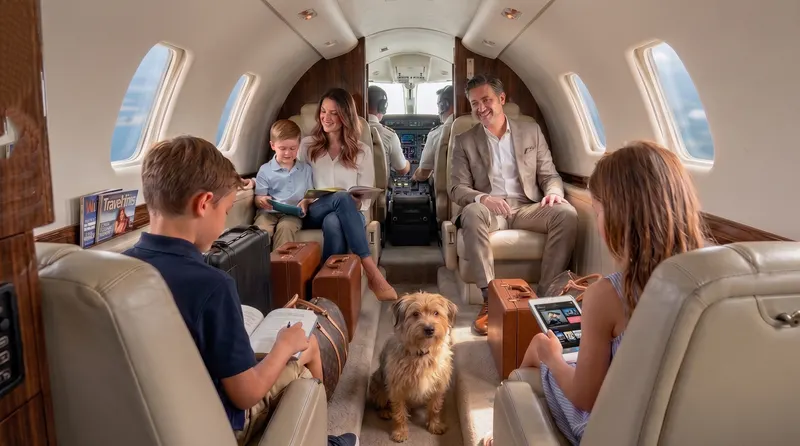 Familia con su mascota a bordo de un vuelo chárter privado
