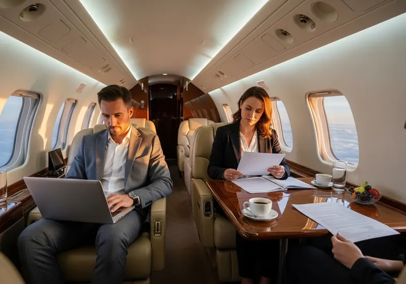 Ejecutivos trabajando a bordo de un vuelo chárter privado